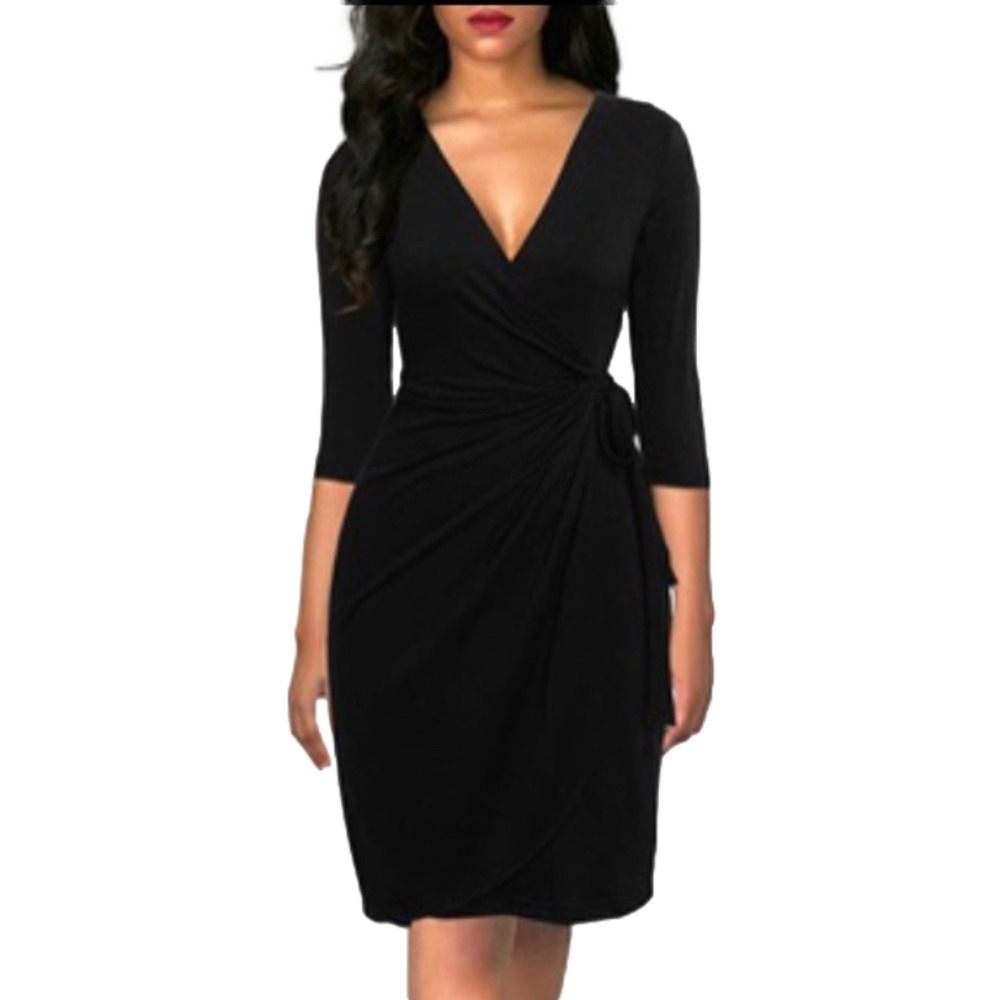 BERYDRESS Women's Classic 3/4 Sleeve V Neck Sheath Black Wrap Dress XL NWT